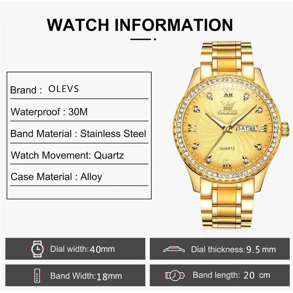 Olevs Men's Gold Steel Golden-Dial Waterproof Stainless Luminous Stylish Watch